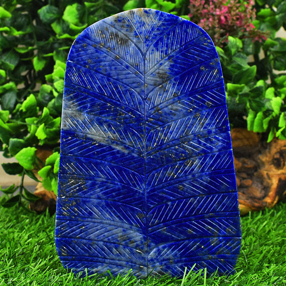 gemsmore:Exclusive Lapis Lazuli Hand Carved Genuine Crystal Gemstone Carving Leaf Palm Lord Buddha