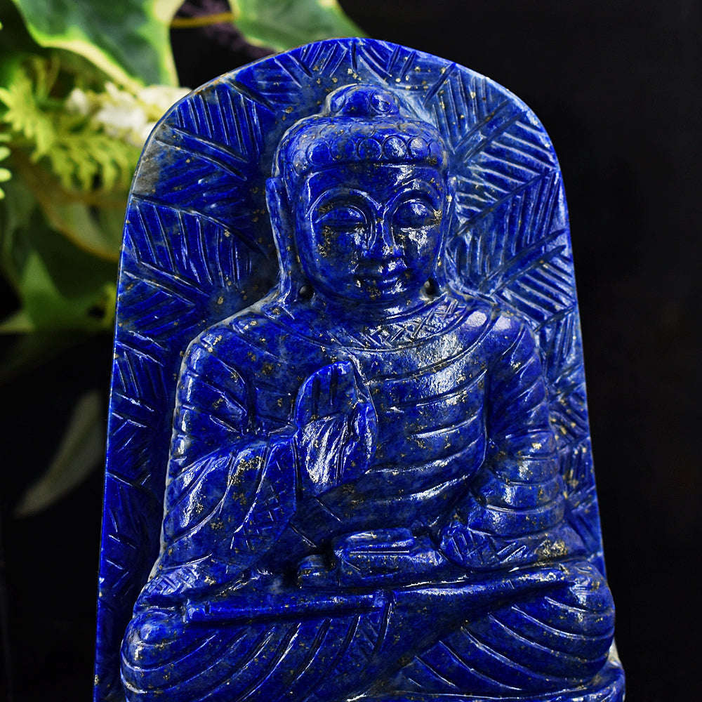 gemsmore:Exclusive Lapis Lazuli Hand Carved Genuine Crystal Gemstone Carving Leaf Palm Lord Buddha