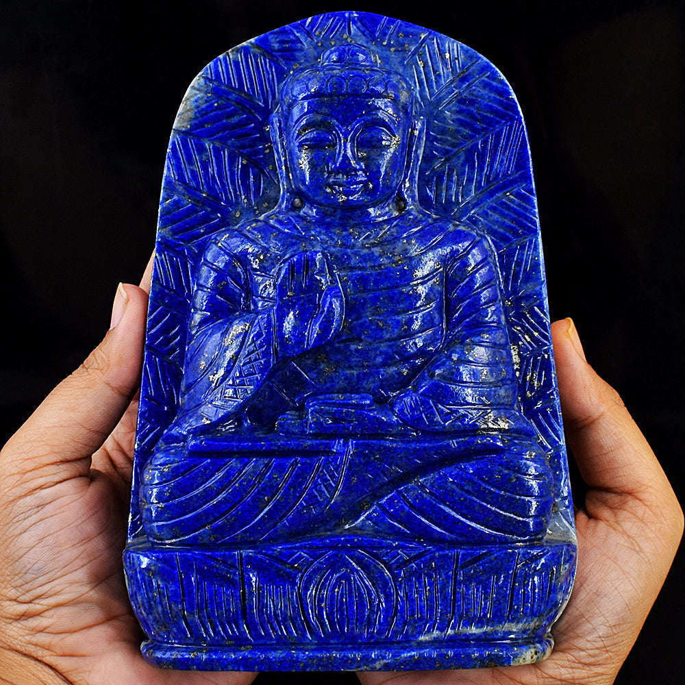 gemsmore:Exclusive Lapis Lazuli Hand Carved Genuine Crystal Gemstone Carving Leaf Palm Lord Buddha