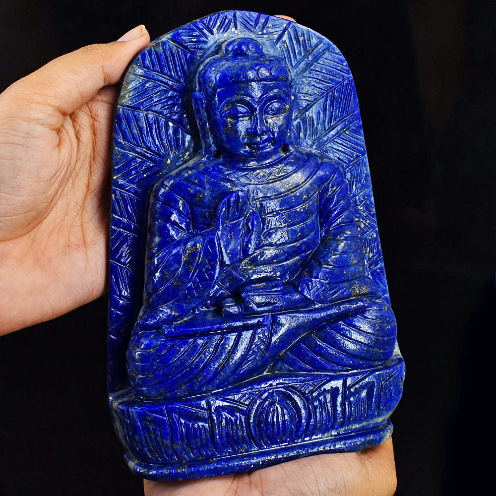 gemsmore:Exclusive Lapis Lazuli Hand Carved Genuine Crystal Gemstone Carving Leaf Palm Lord Buddha