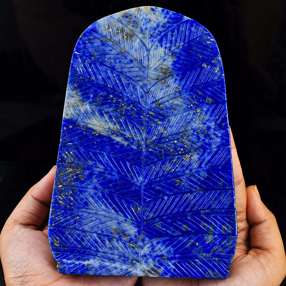 gemsmore:Exclusive Lapis Lazuli Hand Carved Genuine Crystal Gemstone Carving Leaf Palm Lord Buddha