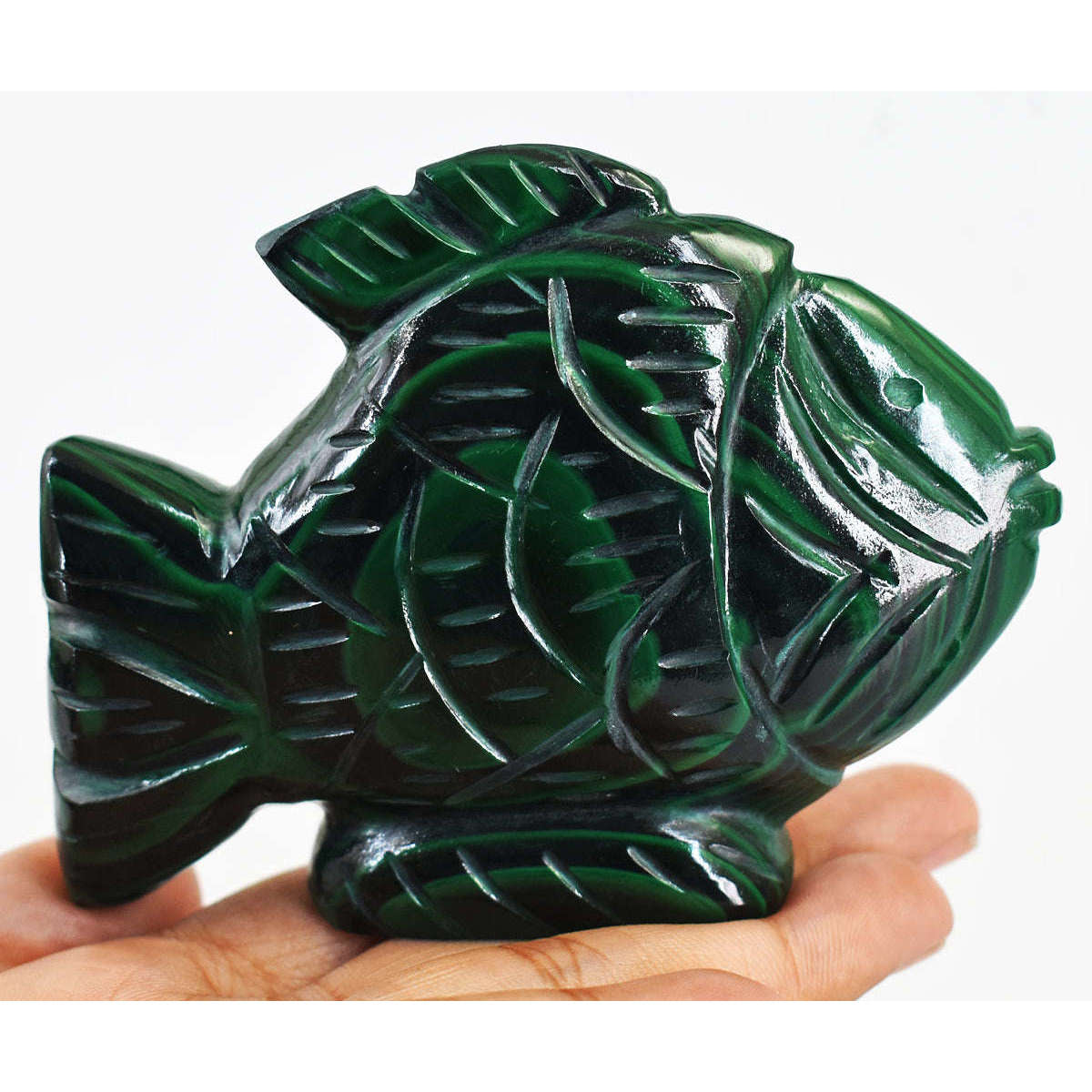 gemsmore:Exclusive  Malachite Hand Carved Genuine Crystal Gemstone Carving Fish