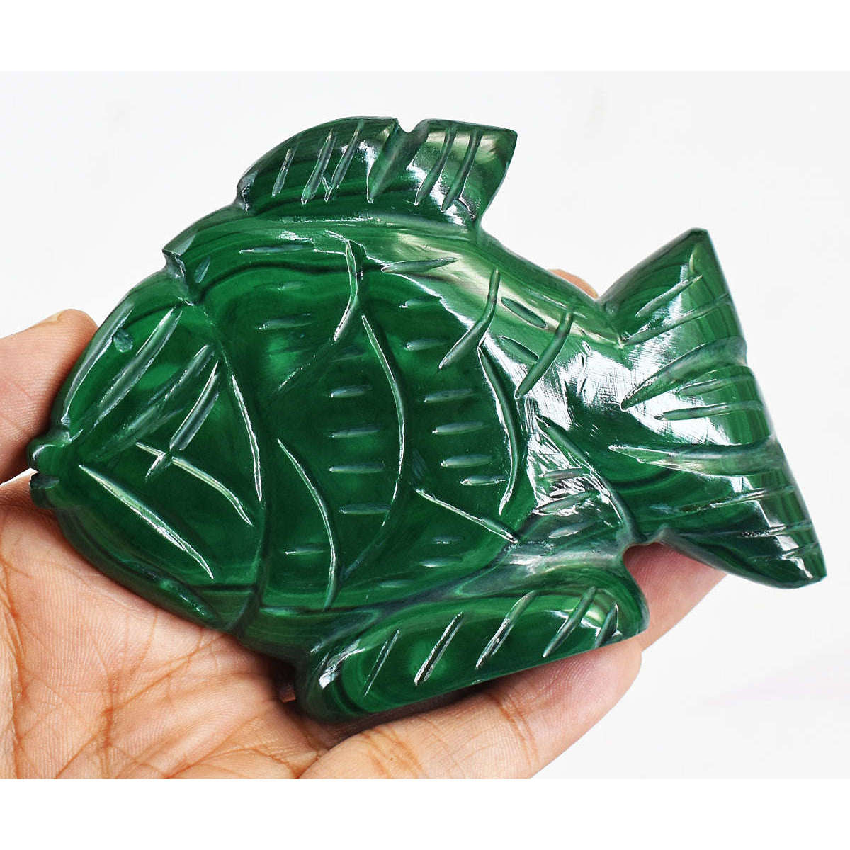 gemsmore:Exclusive  Malachite Hand Carved Genuine Crystal Gemstone Carving Fish