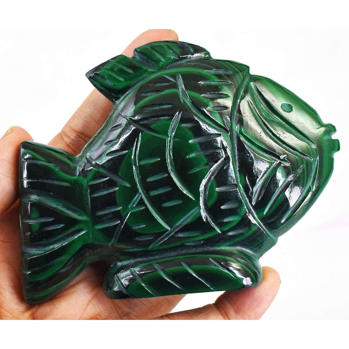 gemsmore:Exclusive  Malachite Hand Carved Genuine Crystal Gemstone Carving Fish