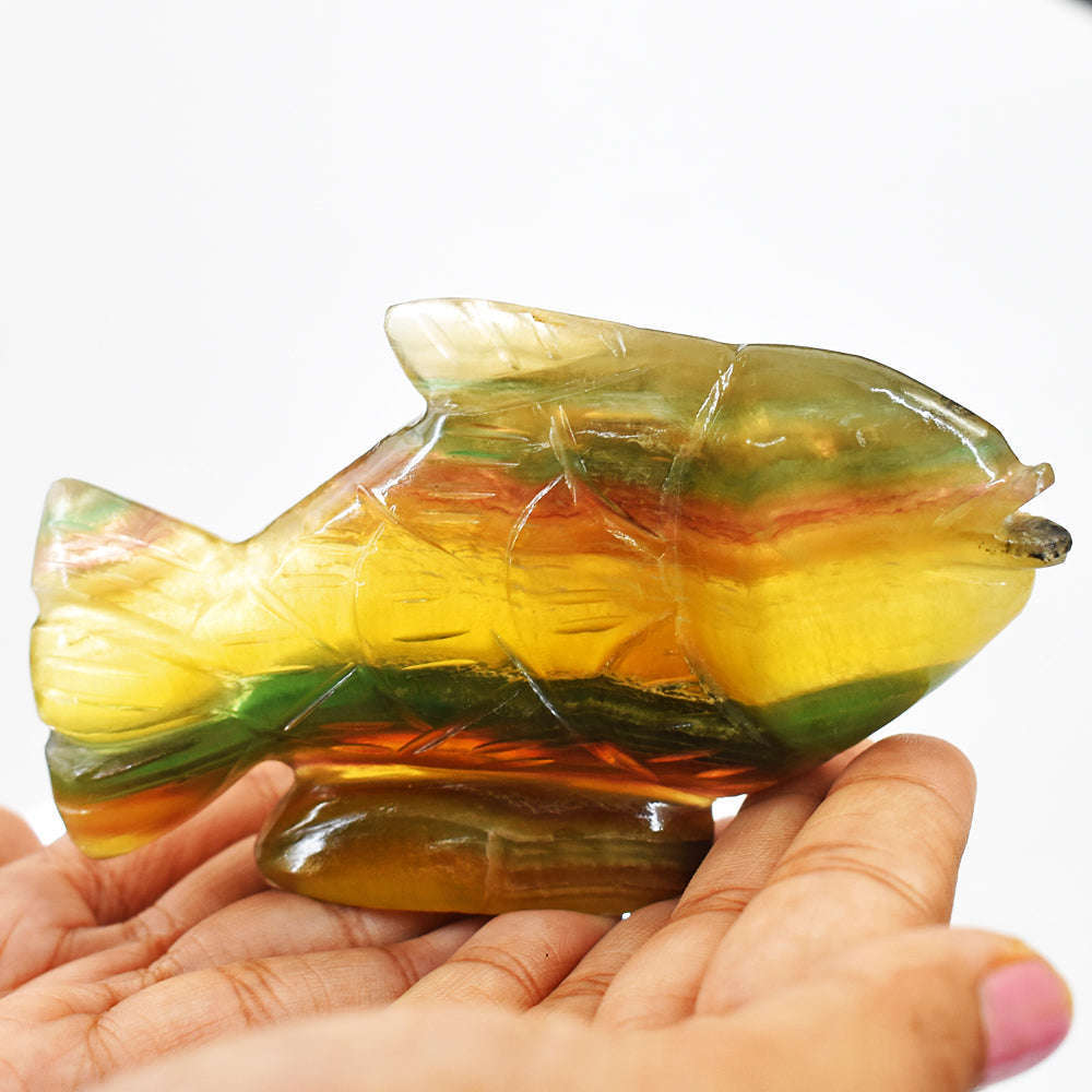 gemsmore:Exclusive Multicolor Fluorite Hand Carved Craftsmen Carved Fish Gemstone