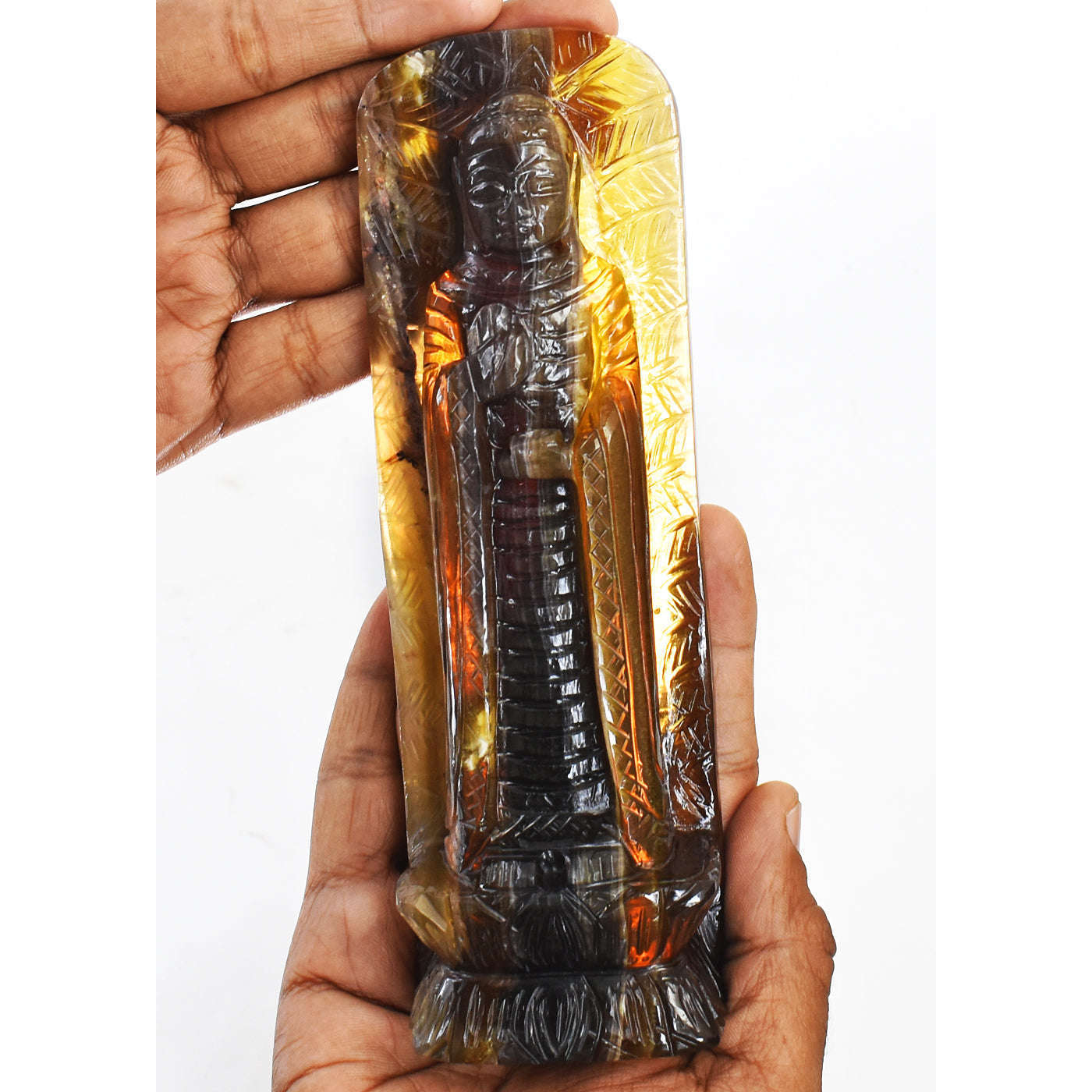 gemsmore:Exclusive Multicolor Fluorite Hand Carved Crystal Lord Buddha Idol Statue