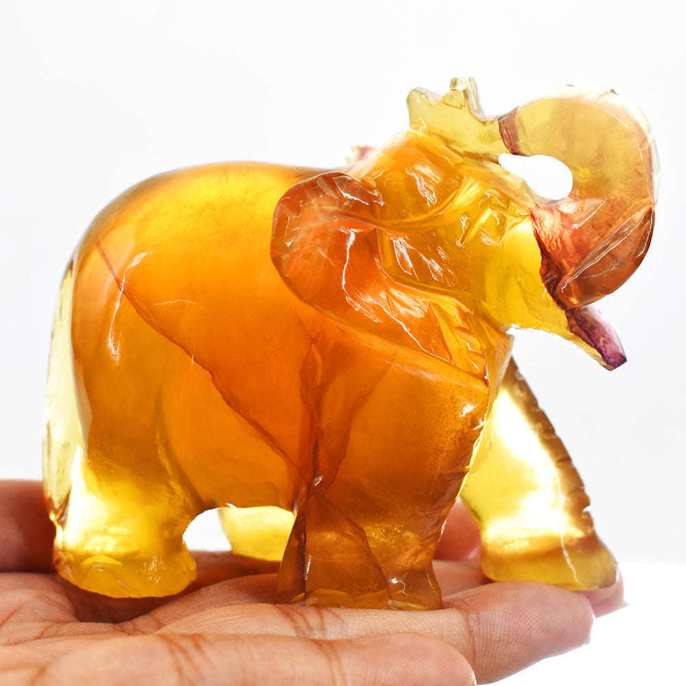 gemsmore:Exclusive  Multicolor Fluorite Hand Carved Genuine Crystal Gemstone Carving Elephant