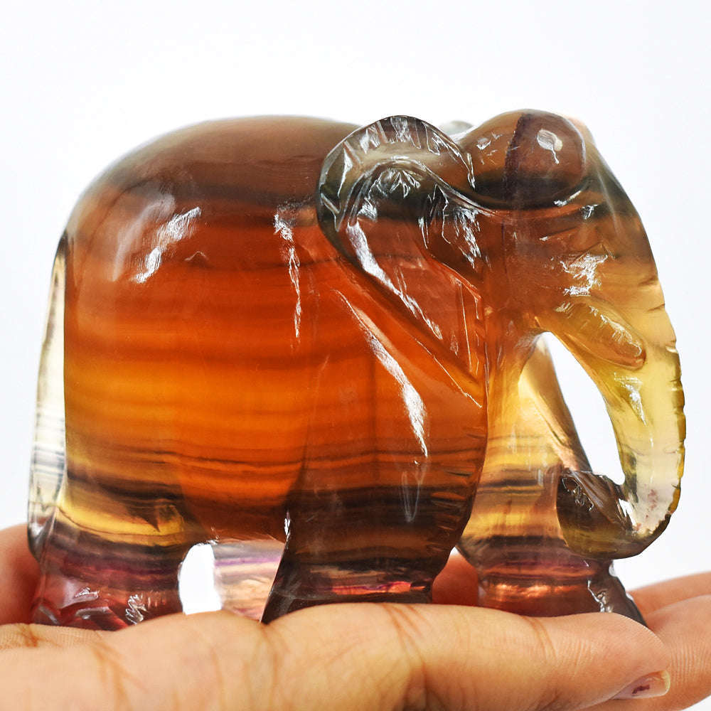 gemsmore:Exclusive Multicolor Fluorite  Hand Carved Genuine Crystal Gemstone Carving Elephant