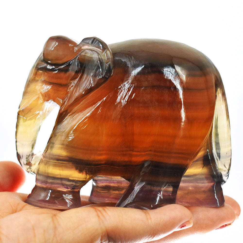 gemsmore:Exclusive Multicolor Fluorite  Hand Carved Genuine Crystal Gemstone Carving Elephant