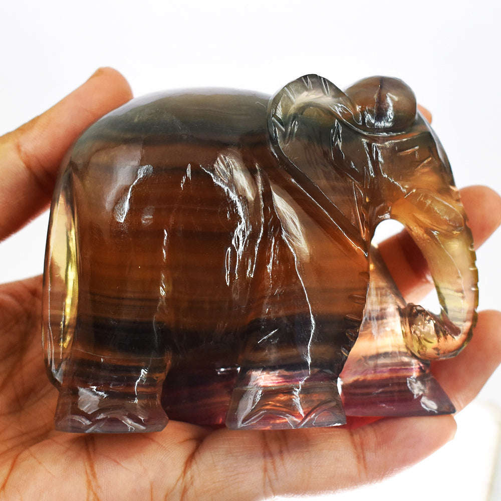 gemsmore:Exclusive Multicolor Fluorite  Hand Carved Genuine Crystal Gemstone Carving Elephant