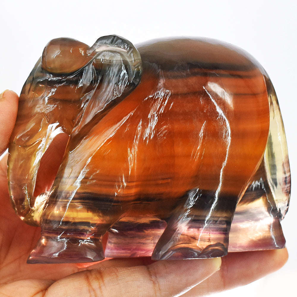 gemsmore:Exclusive Multicolor Fluorite  Hand Carved Genuine Crystal Gemstone Carving Elephant