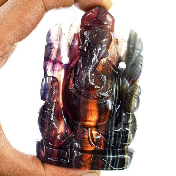 gemsmore:Exclusive Multicolor Fluorite Hand Carved Genuine Crystal Gemstone Carving Lord Ganesha