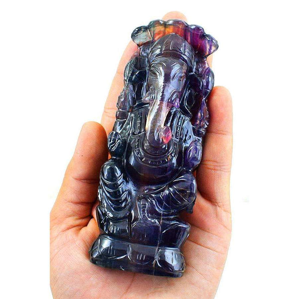 gemsmore:Exclusive Multicolor Fluorite Hand Carved Lord Ganesha Idol With Snake At Back