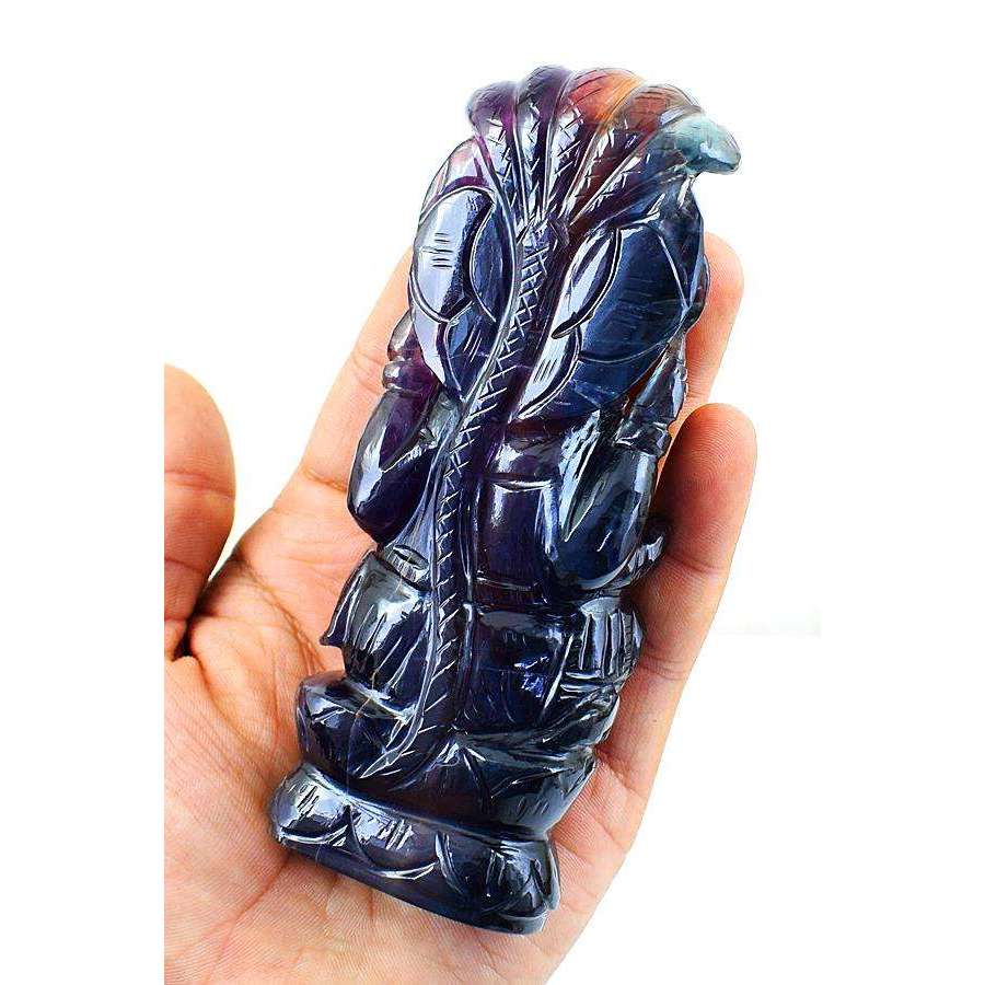 gemsmore:Exclusive Multicolor Fluorite Hand Carved Lord Ganesha Idol With Snake At Back