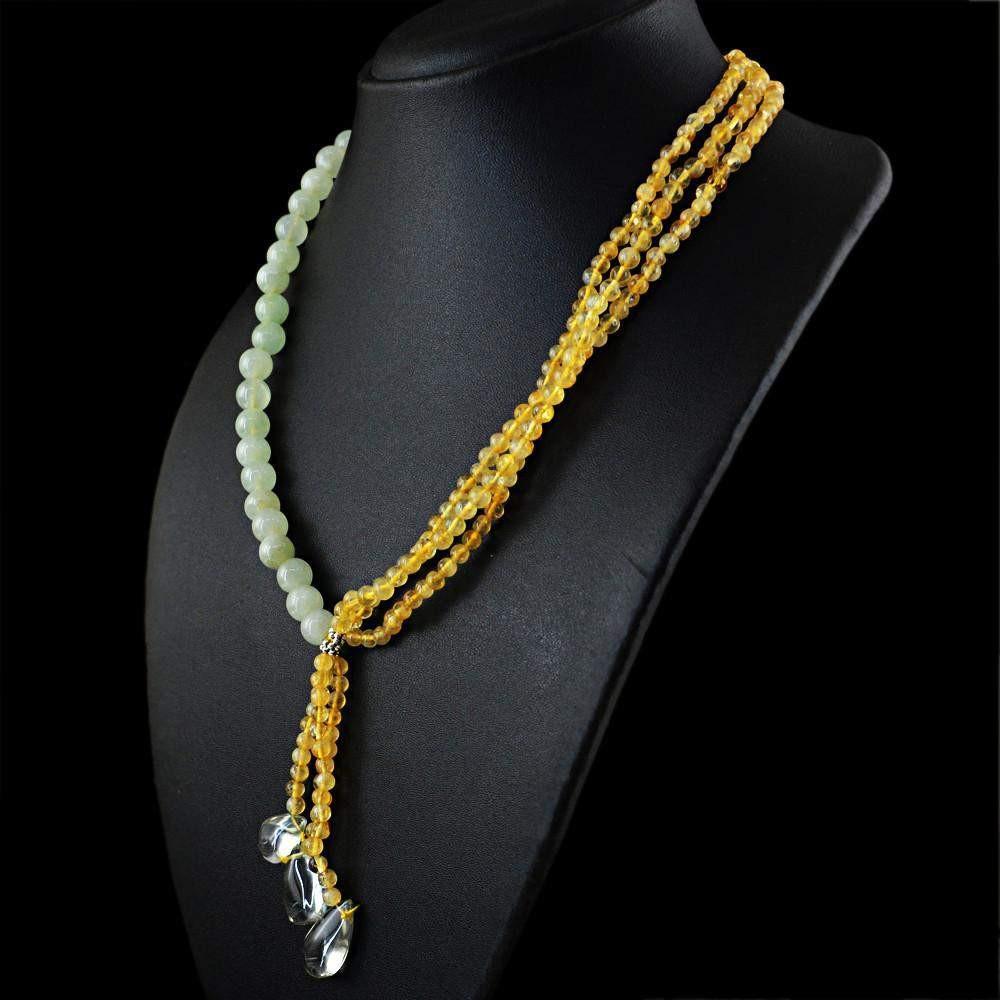 gemsmore:Exclusive Natural Yellow Citrine & Green Aquamarine Necklace Untreated Round Beads