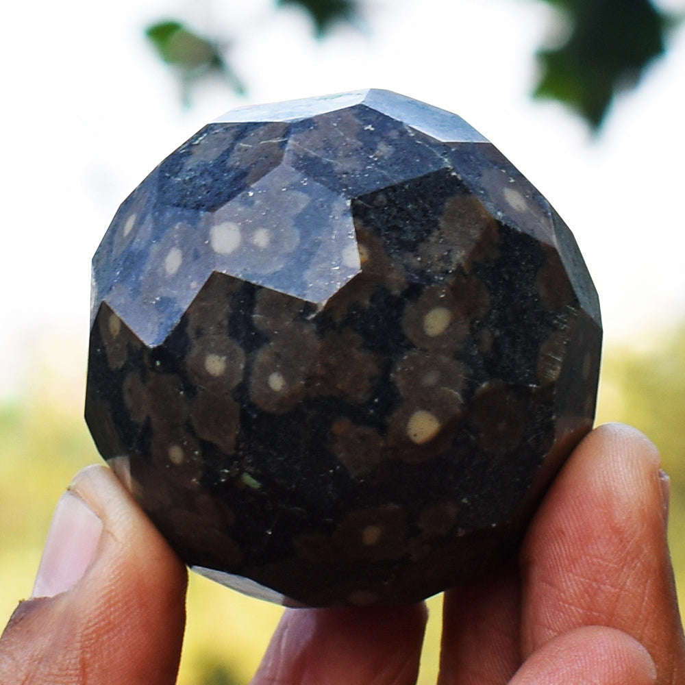 gemsmore:Exclusive Ocean Jasper Faceted  Hand Carved Healing Crystal Sphere