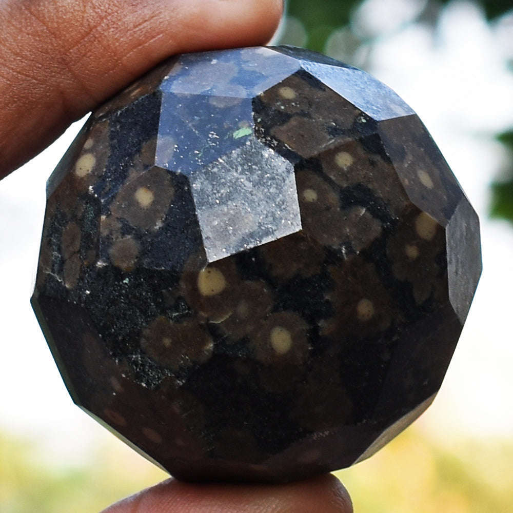 gemsmore:Exclusive Ocean Jasper Faceted  Hand Carved Healing Crystal Sphere