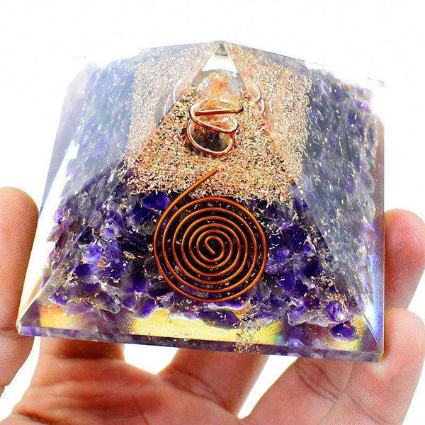 gemsmore:Exclusive Purple Amethyst Orgone Carved Healing Pyramid