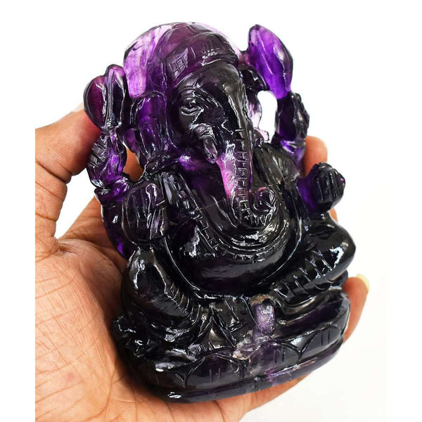 gemsmore:Exclusive Purple Fluorite Hand Carved Genuine Crystal Gemstone Carving Lord Ganesha