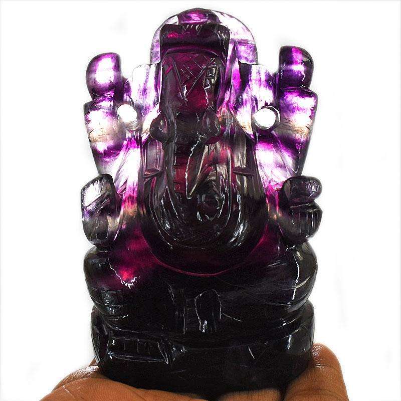 gemsmore:Exclusive Purple Fluorite Hand Carved Genuine Crystal Gemstone Carving Lord Ganesha