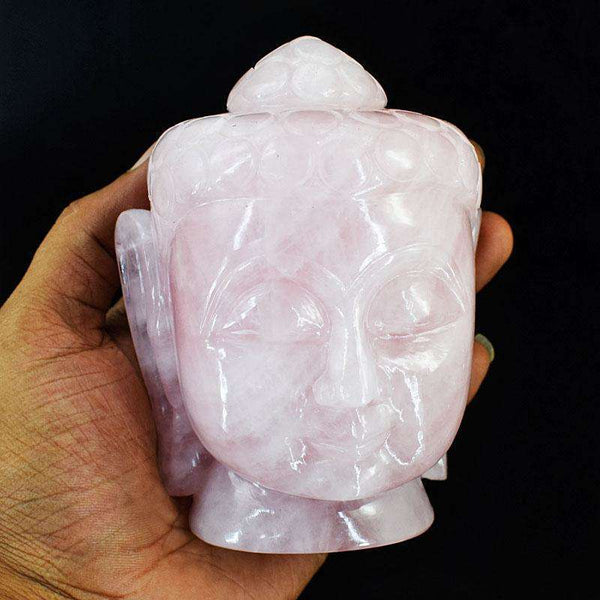 gemsmore:Exclusive Rose Quartz Hand Carved Genuine Crystal Gemstone Carving Buddha Head