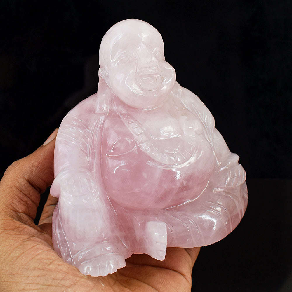gemsmore:Exclusive Rose Quartz Hand Carved Genuine Crystal Gemstone Carving Laughing Buddha