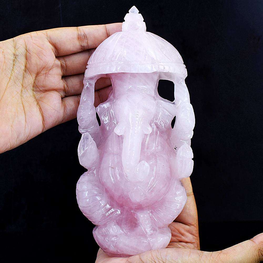 gemsmore:Exclusive Rose Quartz Hand Carved Lord Ganesha