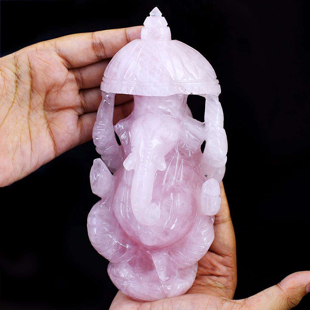 gemsmore:Exclusive Rose Quartz Hand Carved Lord Ganesha