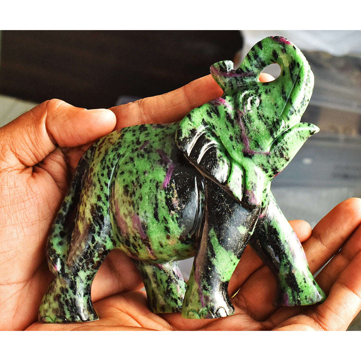 gemsmore:Exclusive Ruby Zoisite Hand Carved Genuine Crystal Gemstone Carving Elephant