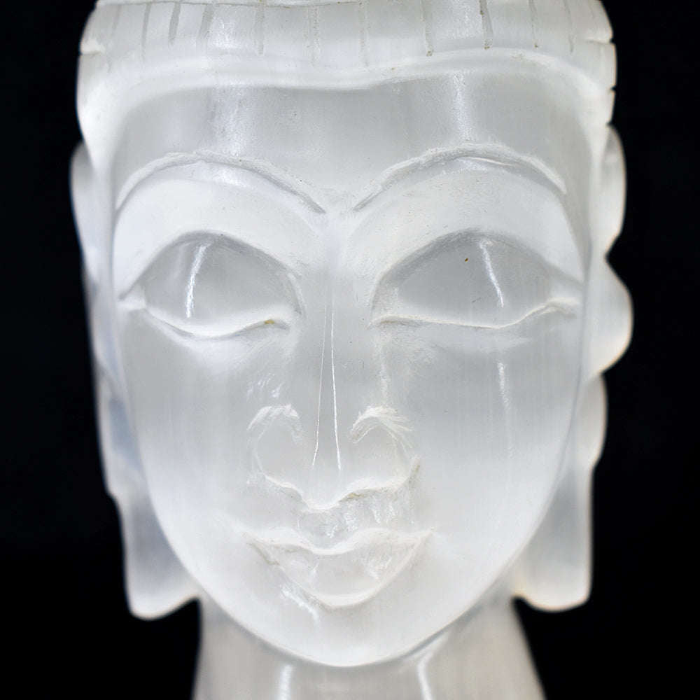 gemsmore:Exclusive Selenite Hand Carved Lord Buddha Head