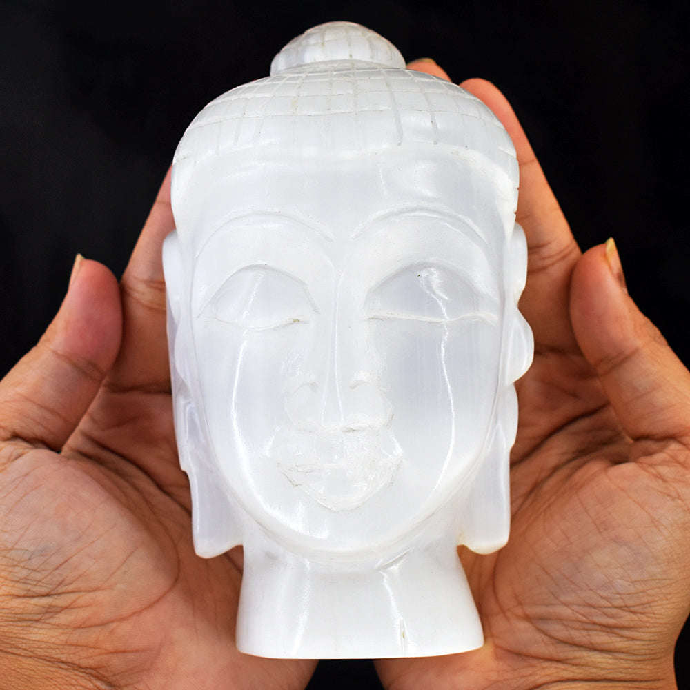 gemsmore:Exclusive Selenite Hand Carved Lord Buddha Head