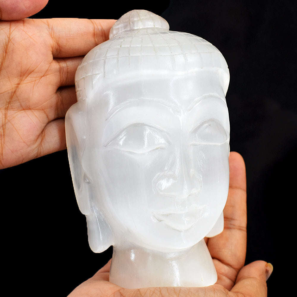 gemsmore:Exclusive Selenite Hand Carved Lord Buddha Head