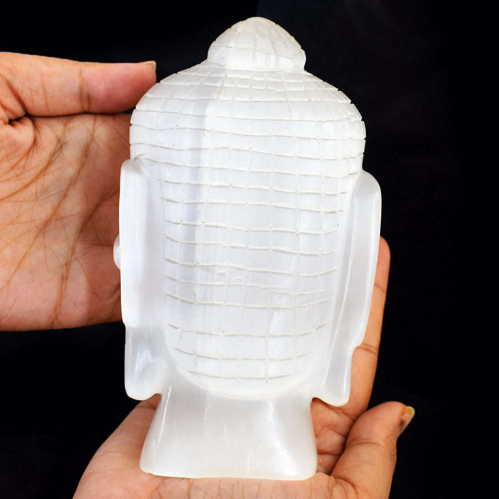 gemsmore:Exclusive Selenite Hand Carved Lord Buddha Head