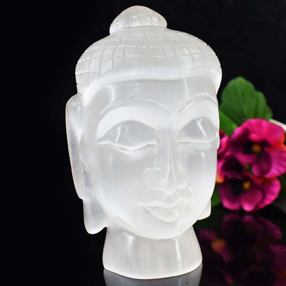 gemsmore:Exclusive Selenite Hand Carved Lord Buddha Head