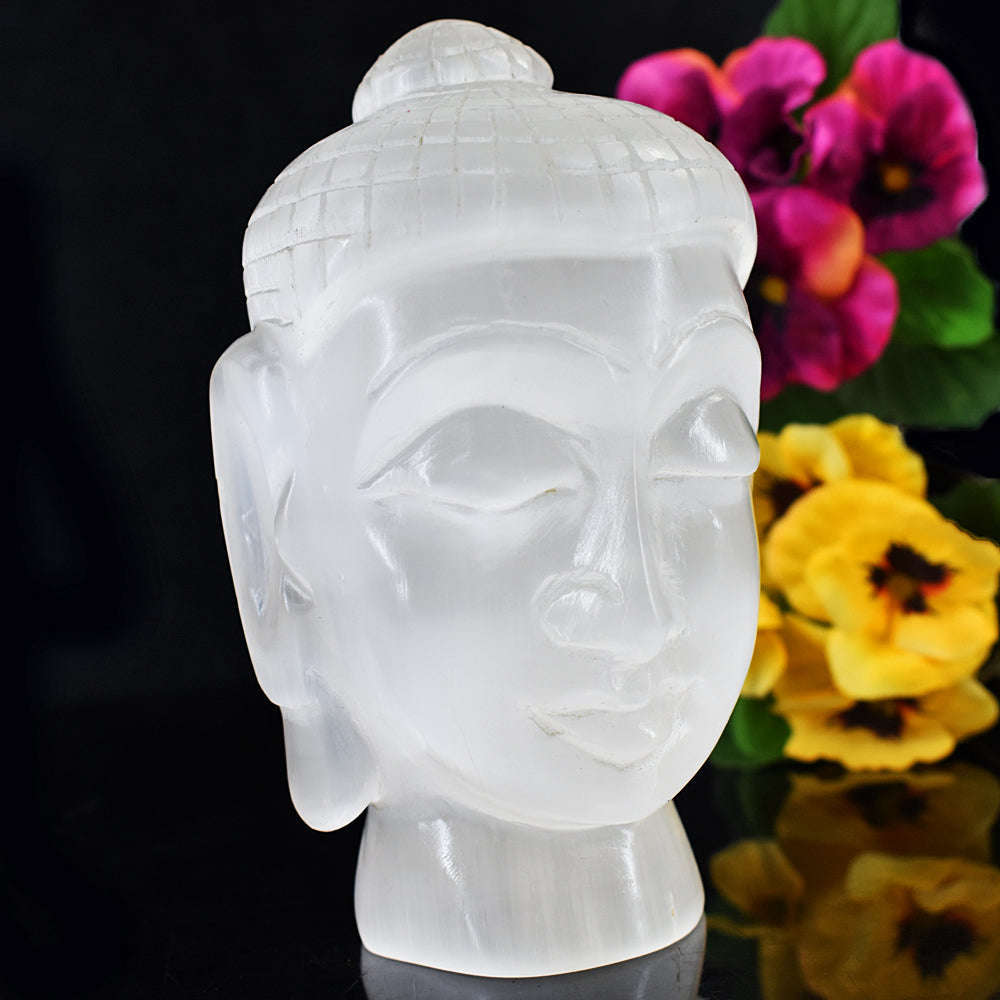 gemsmore:Exclusive Selenite Hand Carved Lord Buddha Head