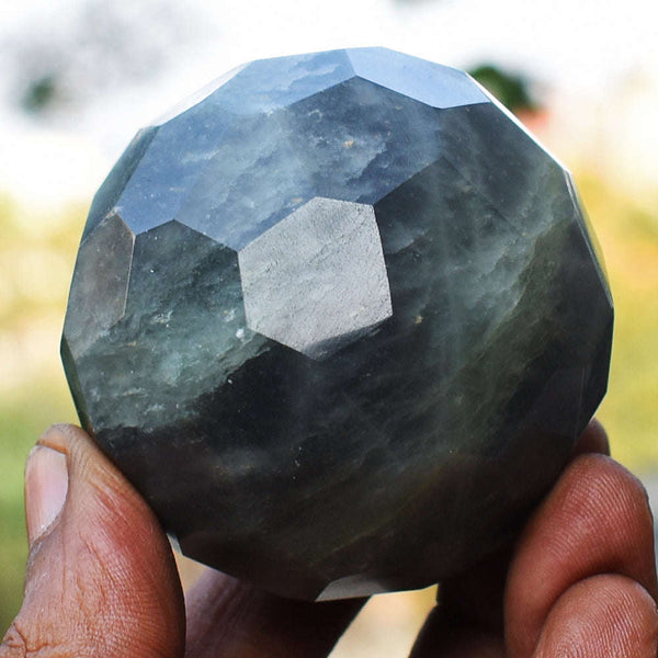 gemsmore:Exclusive Shadow Rutile Quartz Hand Carved Faceted Crystal Healing Sphere Gemstone