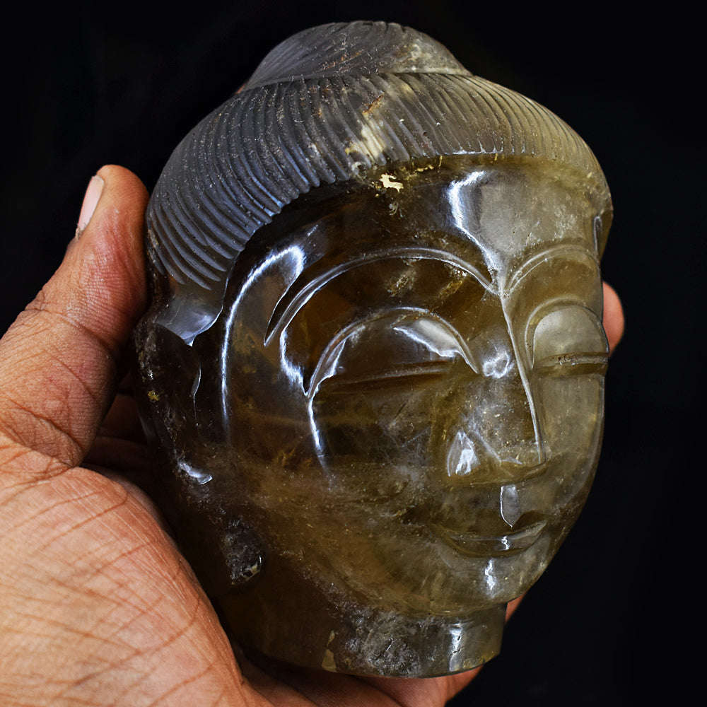 gemsmore:Exclusive Smoky Quartz Hand Carved Genuine Crystal Gemstone Carving Buddha Head
