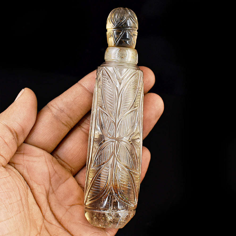 gemsmore:Exclusive Smoky Quartz  Hand Carved Genuine Crystal Gemstone Carving Perfume Bottle