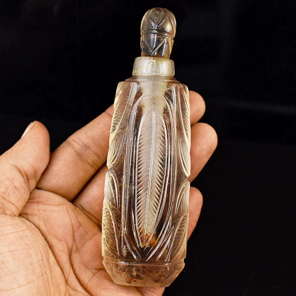 gemsmore:Exclusive Smoky Quartz  Hand Carved Genuine Crystal Gemstone Carving Perfume Bottle