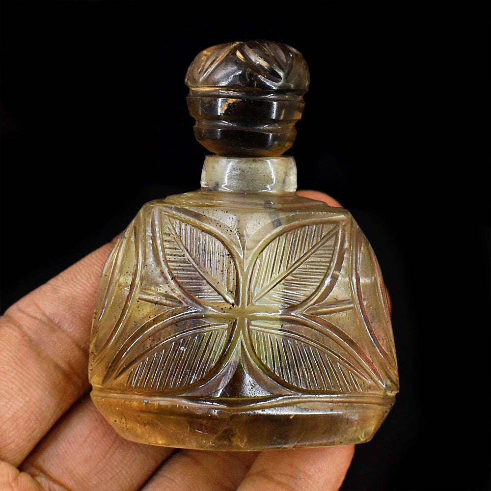 gemsmore:Exclusive Smoky Quartz  Hand Carved Genuine Crystal Gemstone Carving Perfume Bottle