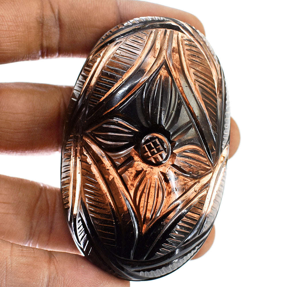 gemsmore:Exclusive Smoky Quartz Hand Carved Genuine Crystal Gemstone Mughal Carved Cabochon