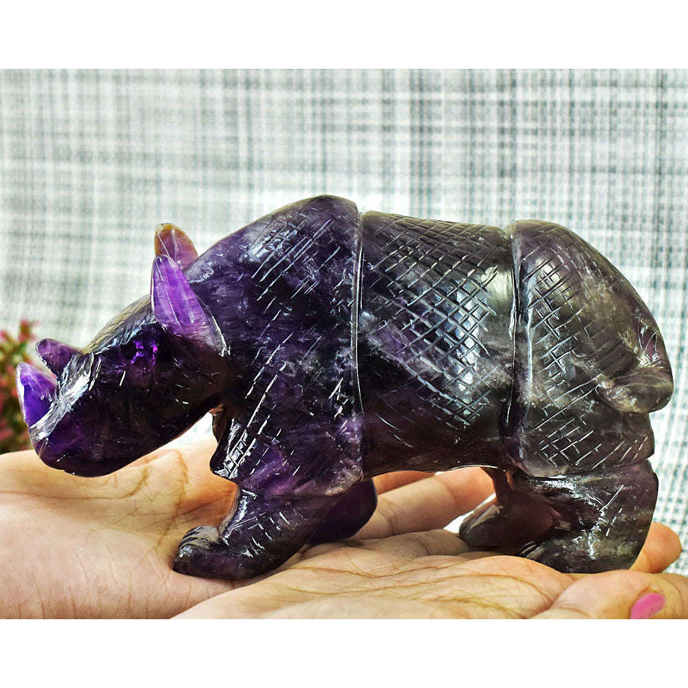 gemsmore:Exclusive Super Seven Amethyst Hand Carved Genuine Crystal Gemstone Carving Rhino