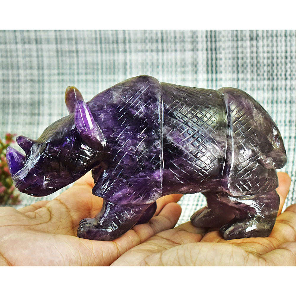gemsmore:Exclusive Super Seven Amethyst Hand Carved Genuine Crystal Gemstone Carving Rhino