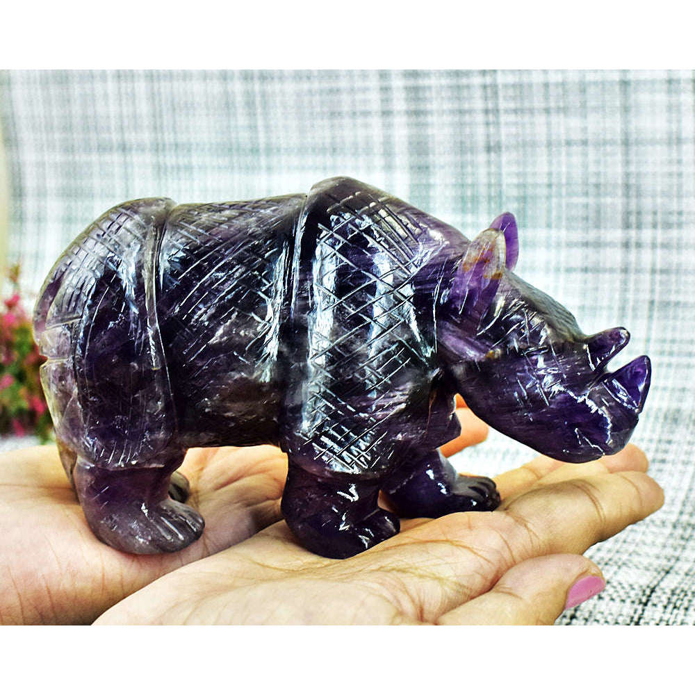 gemsmore:Exclusive Super Seven Amethyst Hand Carved Genuine Crystal Gemstone Carving Rhino