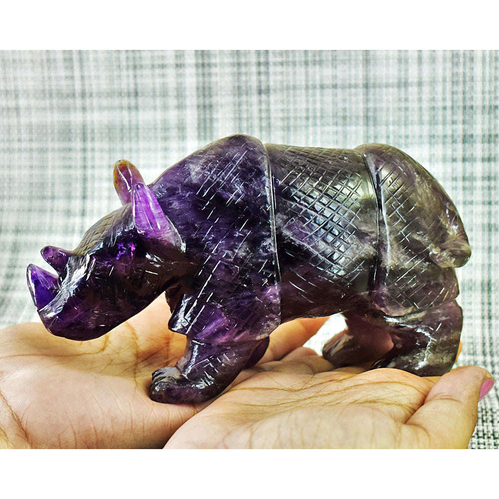 gemsmore:Exclusive Super Seven Amethyst Hand Carved Genuine Crystal Gemstone Carving Rhino