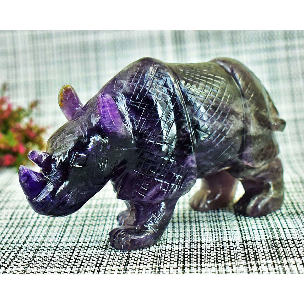 gemsmore:Exclusive Super Seven Amethyst Hand Carved Genuine Crystal Gemstone Carving Rhino