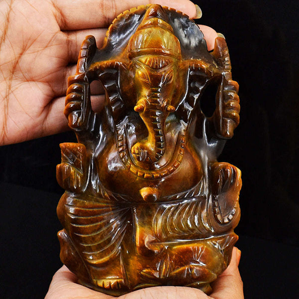 gemsmore:Exclusive Tiger Eye Hand Carved Genuine Crystal Gemstone Carving Lord Ganesha