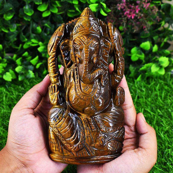 gemsmore:Exclusive Tiger Eye Hand Carved Genuine Crystal Gemstone Carving Lord Ganesha