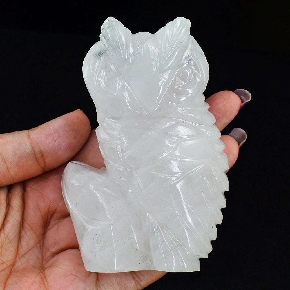 gemsmore:Exclusive White Agate Hand Carved Owl