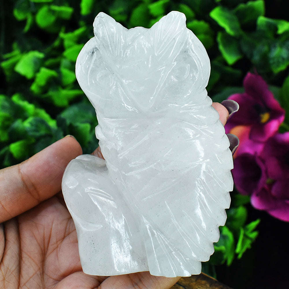 gemsmore:Exclusive White Agate Hand Carved Owl